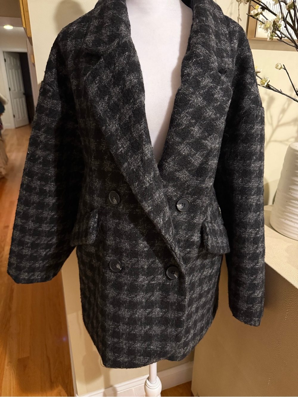 Princess Polly Black and Gray Plaid Double-Breasted coat NWT
